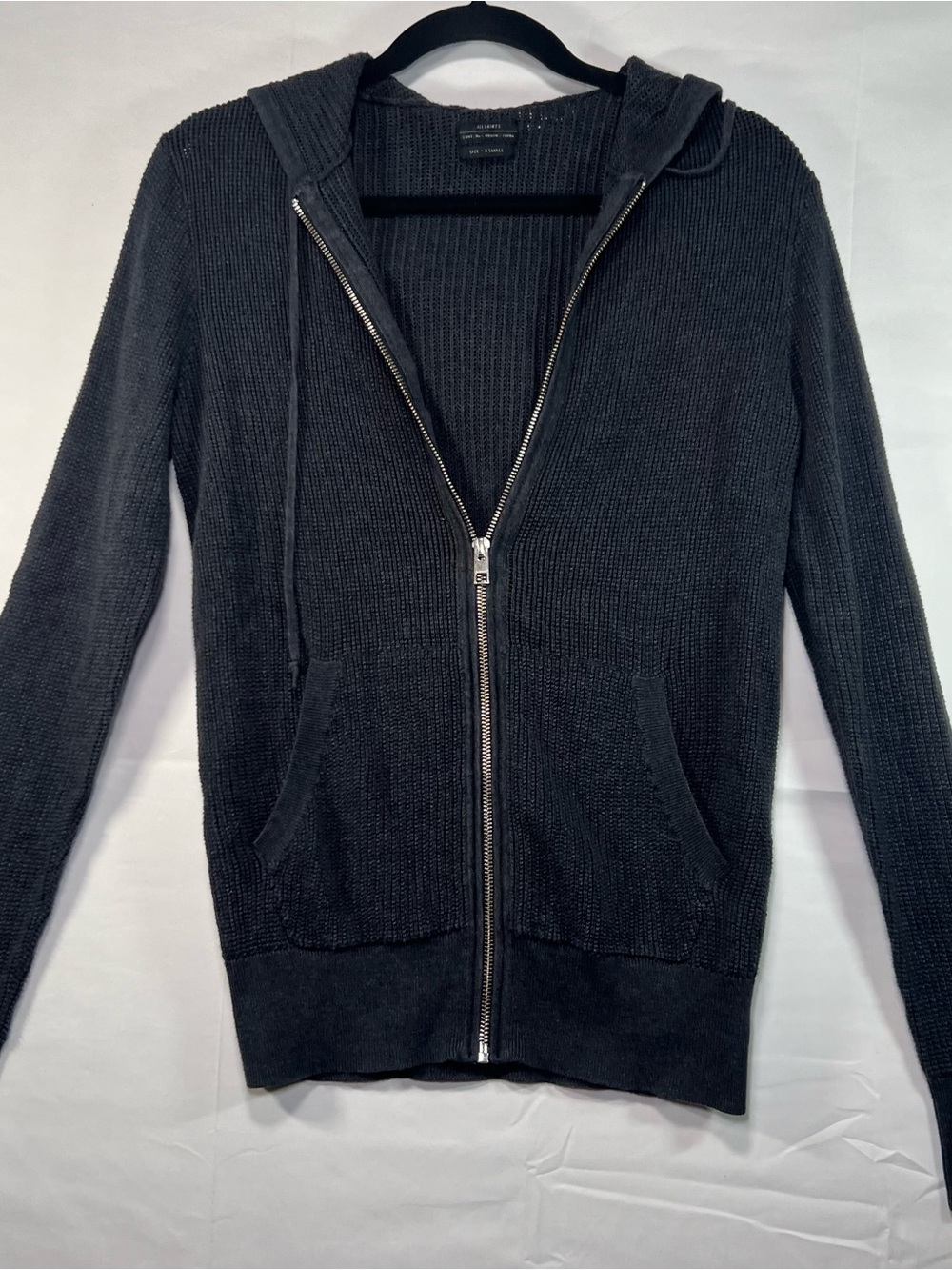 AllSaints Black Open Knit Full Zip Hooded Sweater Size XS
